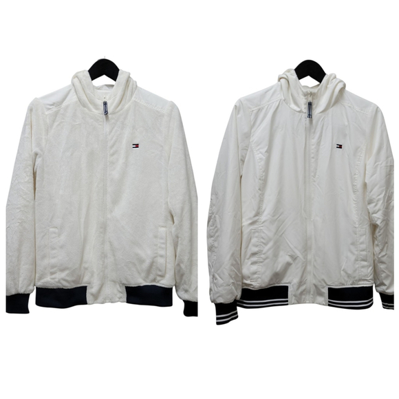 Tommy Hilfiger Women's Reversible Plush/Nylon Hooded Full-Zip Jacket Small Cream - Picture 1 of 14